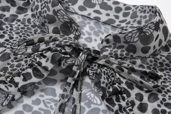 Nový Príchod Ženy Oka Leopard Krátky Rukáv T-košele, Topy Vystrihnúť Zviazať Vysoká Krku Plodín Top s Ramenom Dĺžka Rukáv Rukavice