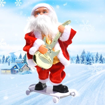 Vianočné Dekorácie, Ozdoby Elektrický Skateboard Hrať Na Gitaru Santa Claus Hudobné Bábika Vtipný Román Deti Hračka