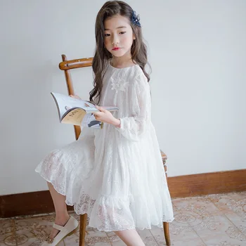 Biela čipka dlhý rukáv šaty vintage strany frocks vek 6-14 rokov veľké dievčatá elegantný kostým princezná 2019 jar jeseň oblečenie
