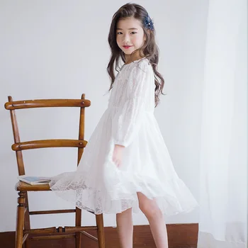 Biela čipka dlhý rukáv šaty vintage strany frocks vek 6-14 rokov veľké dievčatá elegantný kostým princezná 2019 jar jeseň oblečenie