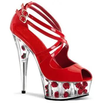 Najnovšie típat prst čerpadlá ženy vysoké podpätky sandále členok popruh sexy Kvet Transparentné platformu čerpadiel black red pu kožené topánky