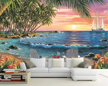 Beibehang Vlastné 3D tapeta kokosové drevo dvojité pláž stoličky veľká pláž krásna krajina pozadí nástenné maľby