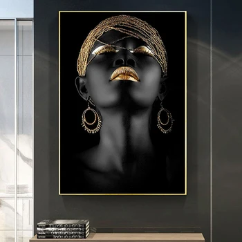Black Nahé Africké Umenie Žena Zlato Pery Plátno Maľovaní Plagátov a Tlač Stenu Obrázok pre Obývacia Izba Domáce Dekorácie Cuadros