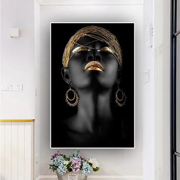 Black Nahé Africké Umenie Žena Zlato Pery Plátno Maľovaní Plagátov a Tlač Stenu Obrázok pre Obývacia Izba Domáce Dekorácie Cuadros