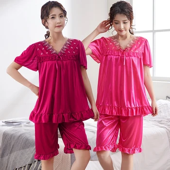 2018 Ženy Lete sleepwear Plus Veľkosť hodváb Nightgown Ženské Veľké Veľkosti, Krátky Rukáv čipky sleepwear Voľný čas Šaty M-5XL tvaru