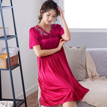 2018 Ženy Lete sleepwear Plus Veľkosť hodváb Nightgown Ženské Veľké Veľkosti, Krátky Rukáv čipky sleepwear Voľný čas Šaty M-5XL tvaru