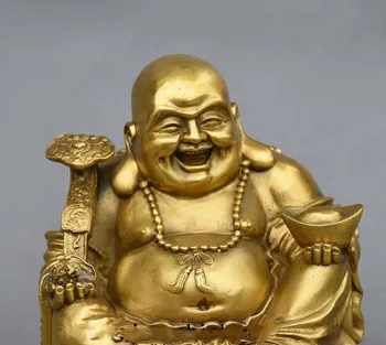 Vianočné 8 Čínsky Budhizmus Mosadz Rád Smeje Maitreya Budha Podržte RuYi YuanBao Socha nový Rok