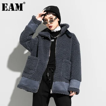 [EAM] Voľné Veľká Veľkosť ovčej vlny Veľká Veľkosť Modrá Široký Hrubé Bunda Nové Dlhý Rukáv Ženy Kabát Móda Jeseň Zima 2021 1DD1445