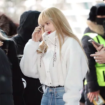 Kpop kórejský Celebrity Zimné módne biele krátky Kabát Ženy Long Sleeve Stand Golier Cashmere Teplá Bunda dámske Hrubé vrchné oblečenie