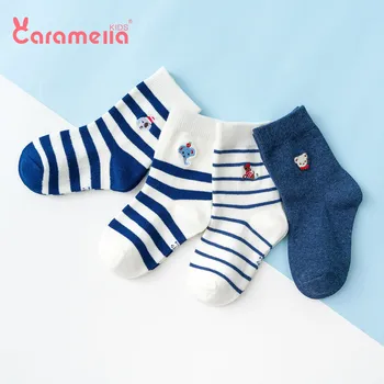 4 páry/box Caramella jesenné a zimné nové detské ponožky darček zvierat výšivky detské pruhované ponožky neutrálne baby ponožky