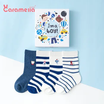 4 páry/box Caramella jesenné a zimné nové detské ponožky darček zvierat výšivky detské pruhované ponožky neutrálne baby ponožky