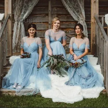 Krásne Modré Krajiny Bridesmaid, Šaty Boho Plus Veľkosť Celej Dĺžke Tylu Svadobný Hosť Šaty 2021 Lacné Maid Of Honor Šaty