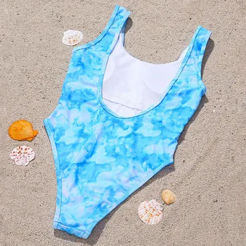 Nový Tie Dye Tlač Jednodielne Plavky Ženy High Cut Plavky Modré Plavky Žena U-Späť Kombinézu Kúpajúcich Sa Pláži Plávať Oblek