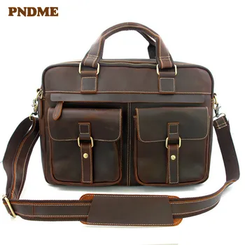 PNDME business originálne kožené pánske aktovky vysoko kvalitnej hovädzej kože jednoduché práce luxusná veľká notebook ramenný program messenger tašky