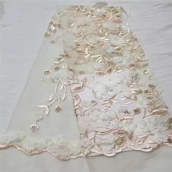 Elegantný 3D Čipky Textílie V Ružovej A Zlatej Nite Vyšívané Svadobné Šaty Svadobné Textílie Tylu Textílie Pre Šaty A1141-2