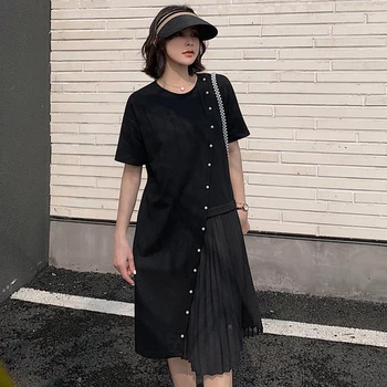 2019 kórejský Nepravidelný Voľné Skladaný dámske Šaty Bežné Krátky Rukáv Vintage Šaty Patchwork Lištovanie Žena Handričkou
